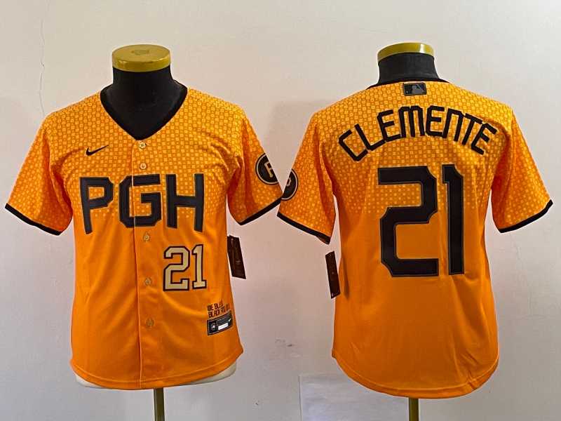 Youth Pittsburgh Pirates #21 Roberto Clemente Number Yellow 2023 City Connect Stitched Jersey1,We sell and wholesale Youth Pittsburgh Pirates #21 Roberto Clemente Number Yellow 2023 City Connect Stitched Jersey1 on line form chian!